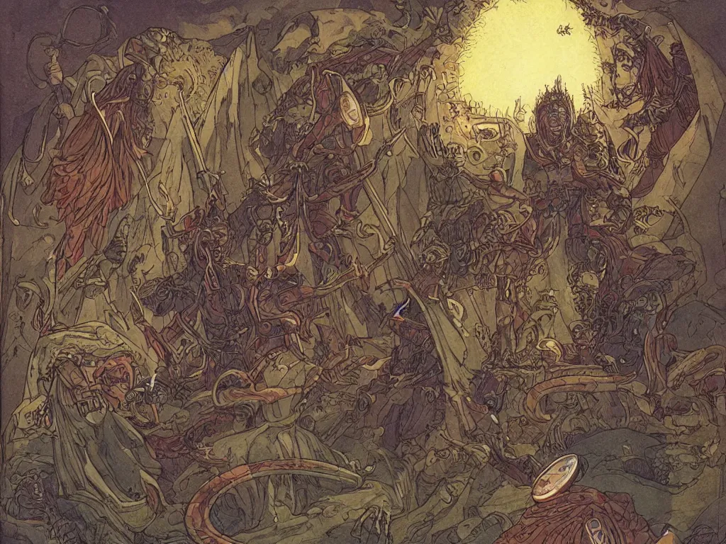 Image similar to fantasy illustration made by moebius with a 8 eyed humanoid god dealing cards over a medieval field