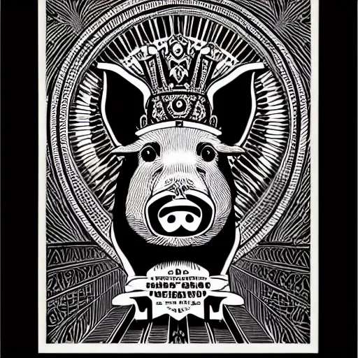 Prompt: Portrait of pig as a king by Shepard Fairey, black and white, full body, zoomed out