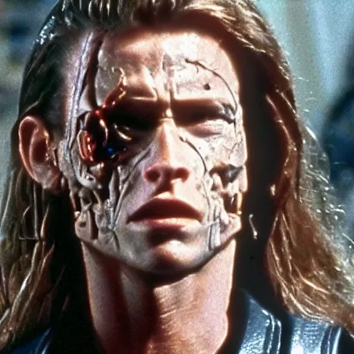 Image similar to long haired cyborg with damaged face. Cinematic lighting. Still from Terminator 2 ending scene