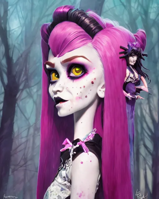 Image similar to watercolor portrait of monster high draculaura doll, stephen bliss, unreal engine, by greg rutkowski, loish, rhads, makoto shinkai and lois van baarle, ilya kuvshinov, rossdraws, global illumination, radiant light, detailed and intricate environment, watercolor lighting