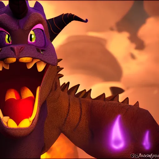 Image similar to cinematic portrait of Spyro the Dragon breathing fire