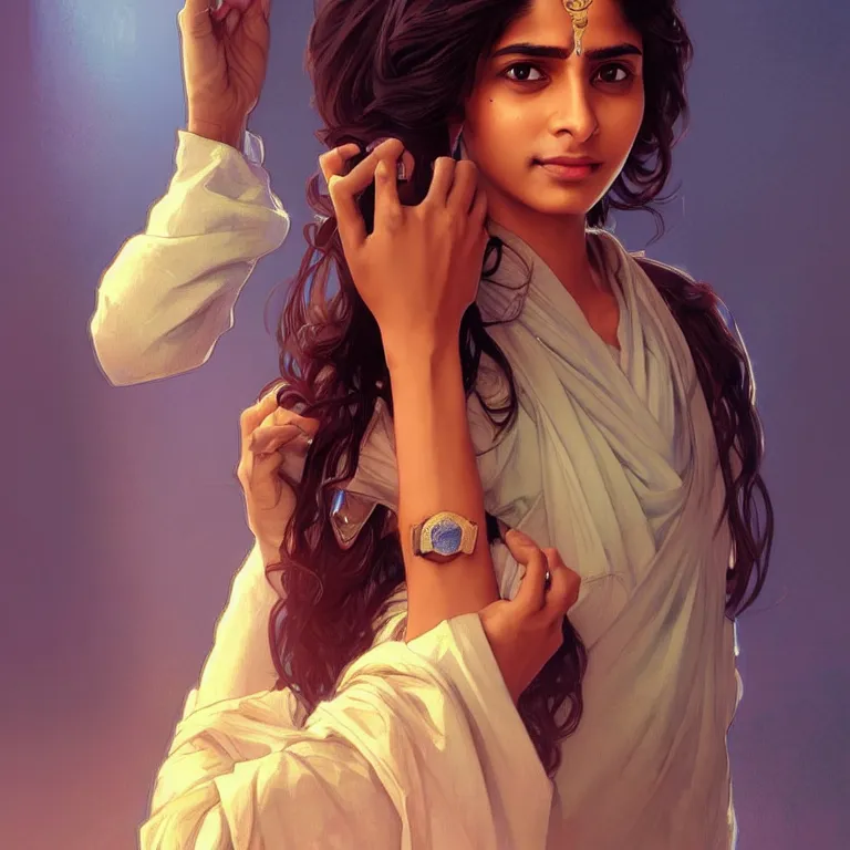 Prompt: Anxious pretty young Indian doctor in modern clothes waiting at the airport, portrait, sci-fi face, elegant, highly detailed, digital painting, artstation, concept art, smooth, sharp focus, illustration, art by artgerm and greg rutkowski and alphonse mucha