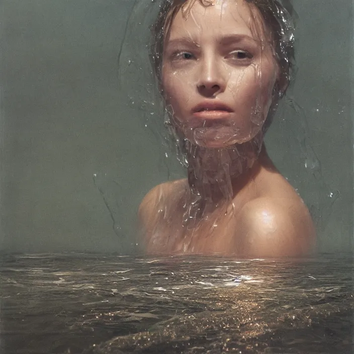 Prompt: a closeup portrait of a woman wrapped in plastic, standing in front of flooded saturn covered in water, color photograph, by vincent desiderio, canon eos c 3 0 0, ƒ 1. 8, 3 5 mm, 8 k, medium - format print