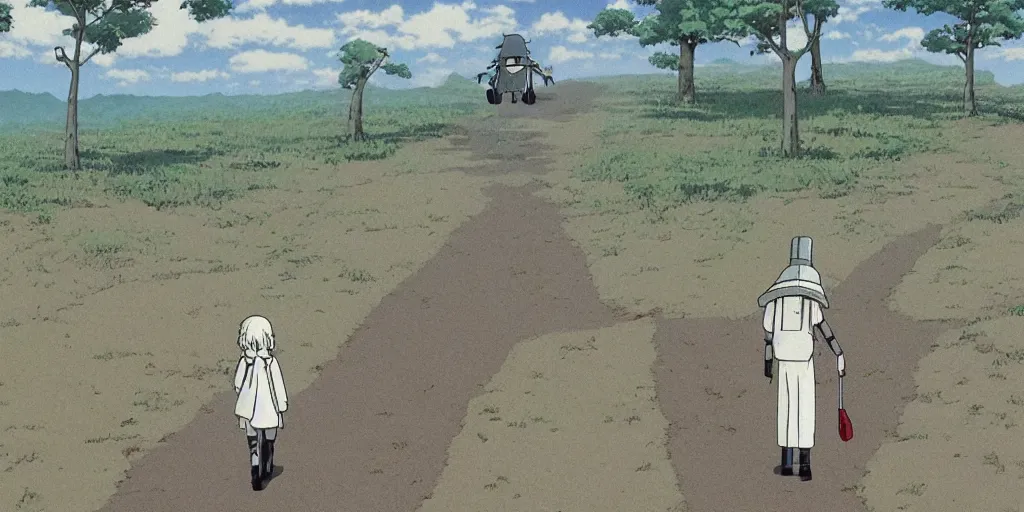 Image similar to A robotic pilgrim with very long legs walking along an empty path, anime style, art by Hayao Miyazaki, art by Studio Ghibli