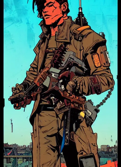 Image similar to hector. cyberpunk mercenary with scenic background. portrait illustration, pop art, art by ashley wood, alphonse mucha, laurie greasley and josan gonzales. cinematic. beautiful lighting.