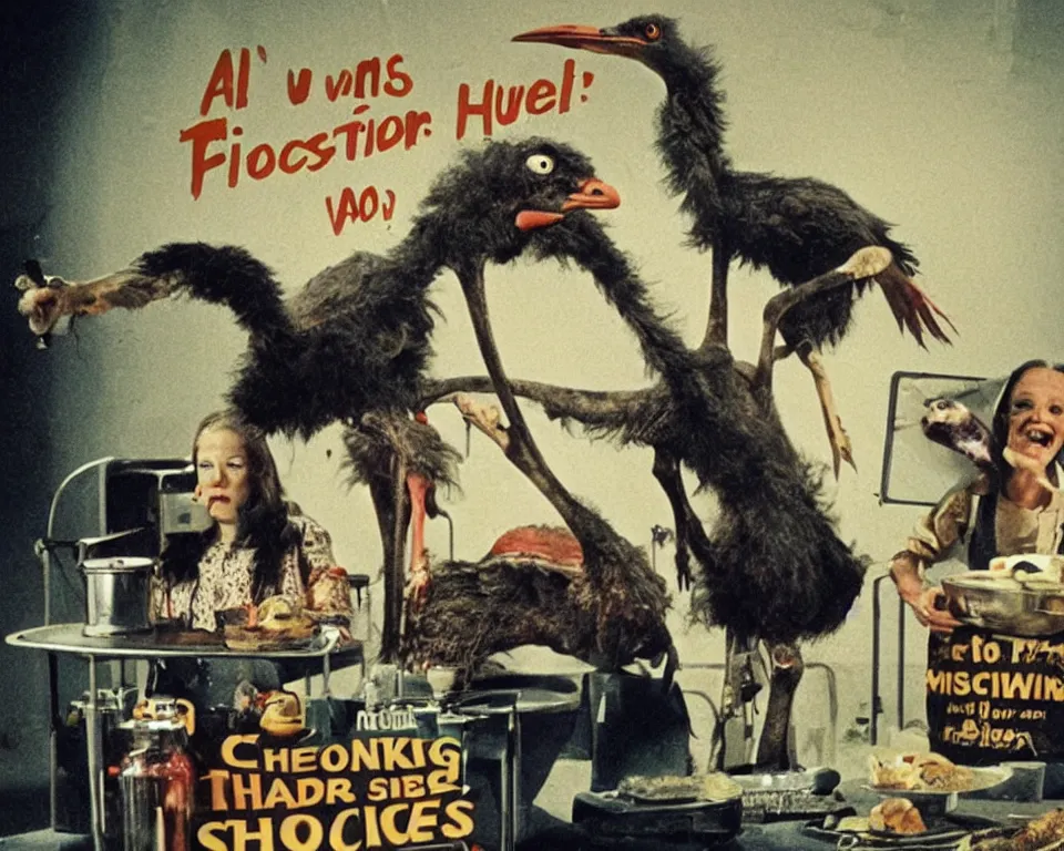 Image similar to a horror movie poster featuring a ostrich hosting a cooking show,