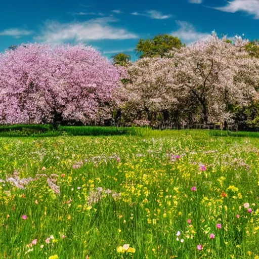 Prompt: a flower meadow with blooming trees, beautiful landscape