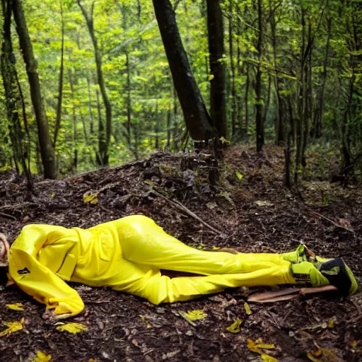 Prompt: young female wearing a yellow velor sweat suit lying dead on the ground in a forest. She is mostly covered by dark colored leaves and twigs