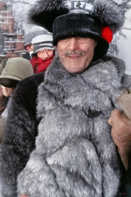 Image similar to gray fur hat soviet soviet russian winter fur cap with earflaps ushanka poster the movie 1 9 8 8 ussr don't be a menace to south central while drinking your juice in the hood, perfect symmetrical eye, soviet russian winter fur cap with earflaps ushankas vodka kremlin babushka communist