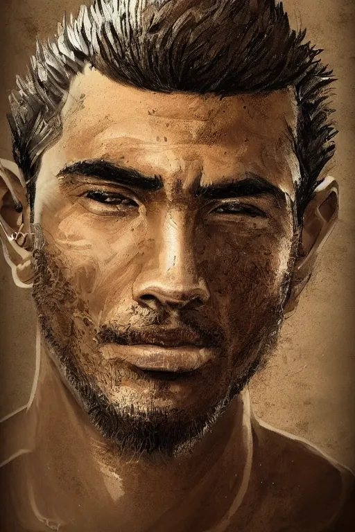 Prompt: very detailed portrait of a rugged brazilian man in his early thirties, strong jaw, shaved face, ( ( deep black eyes ) ), ( ( ( slight asian - latino features ) ) ), strong nose pointing down, earthy color scheme, by wlop and tyler oulton, detailed eyes, starry background, trending, on artstation.