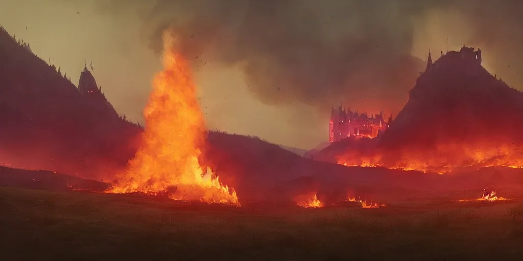 Prompt: a royal grand medieval castle on fire, on top of a hill, from a distance, intense smoke, burning down, intense flames, center focus, landscape by simon stalenhag, rendered by beeple, by makoto shinkai, digital art