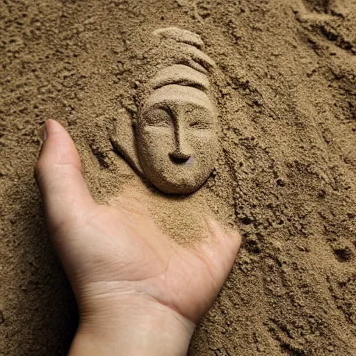 Image similar to a pair of hands holding a face made of sand