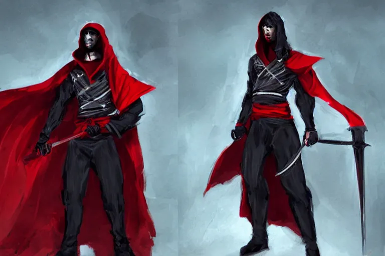 Image similar to a twin blade muscular swordsman, red and black cape and hoodie, scary, intimidating, worn out clothes, torn clothes, concept by James Paick