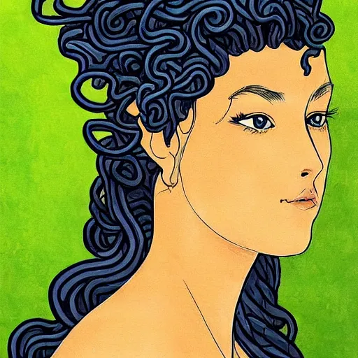 Prompt: medusa looking over shoulder, beautiful girl by Sam Yang