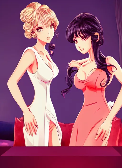 Image similar to two beautiful housewives in the living room on a hot summer evening, gorgeous faces, thick lines, cinematic lighting, detailed anime art