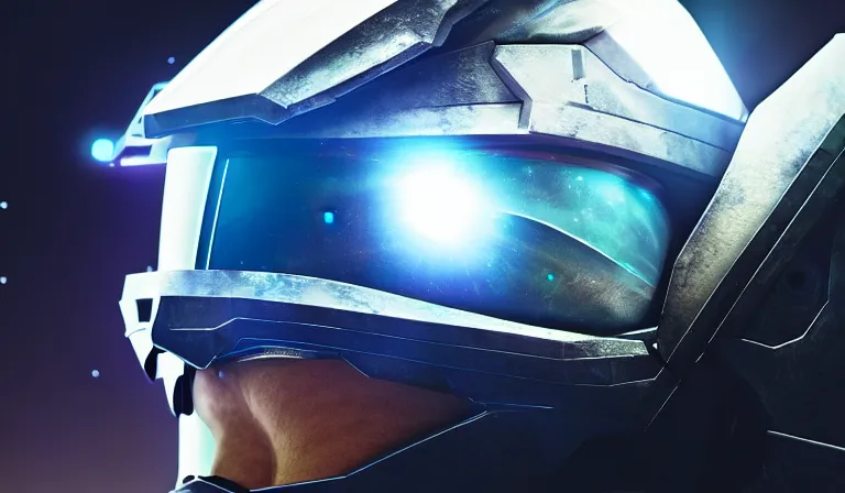 Image similar to cyberpunk halo helmet on space, close shot, reflection, epic, dramatic, cinematic, award winning, ultra detailed, realistic, 8k,