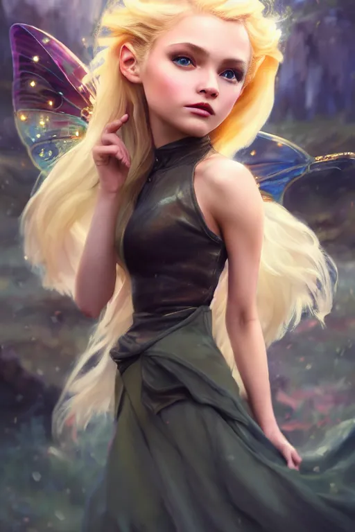 Image similar to cinematic shot of an epic portrait of a cute blonde fairy dressed in military clothes, stylised military clothes, shiny skin, beautiful eyes, beautiful, small details, night setting, realistic poster with volumetric light from craig mallism, artgerm, jeremy lipkin and michael garmash, unreal engine, radiant light, digital art, trends at art station, a masterpiece