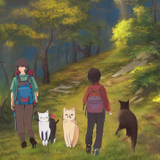 Image similar to multiple cats hiking the Appalachian trail, anime scenery by Makoto Shinkai and ghibli, wholesome digital art