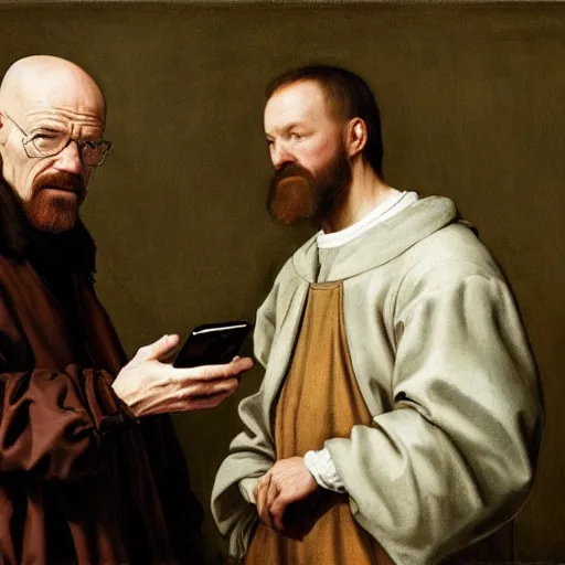 Prompt: walter white looking at a phone, renaissance painting