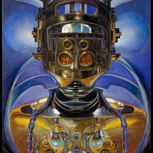 Image similar to the masked robot prince wearing the plasma crown, by Annie Swynnerton and Diego Rivera and Elihu Vedder, symbolist, dramatic lighting, elaborate geometric ornament, tattoos, Art Brut, soft cool colors,smooth, sharp focus, extremely detailed, Adolf Wölfli and Donato Giancola