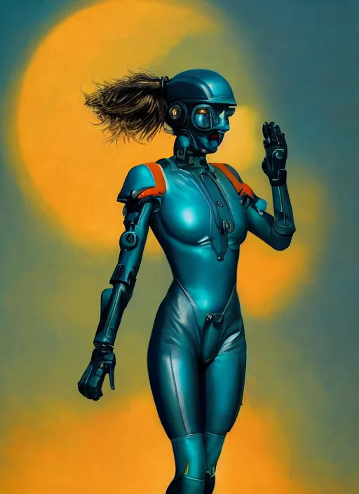 Prompt: symmetry!! dynamic pose, closeup portrait of a cyborg racer girl, leather jumpsuit, shoulder pads, cinematic light, backlight, teal orange, by gerald brom, clouds by mikhail vrubel, by peter elson, muted colors, extreme detail, trending on artstation, 8 k