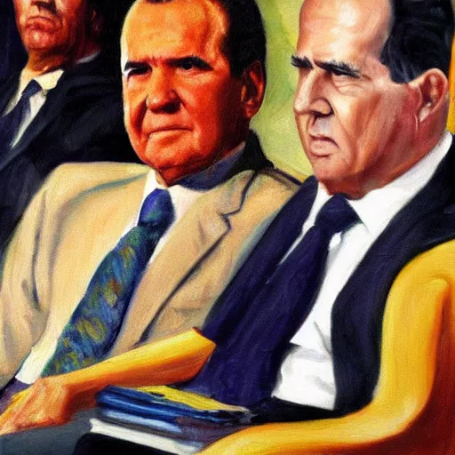 Prompt: detailed oil painting of a Richard Nixon watching the world burn