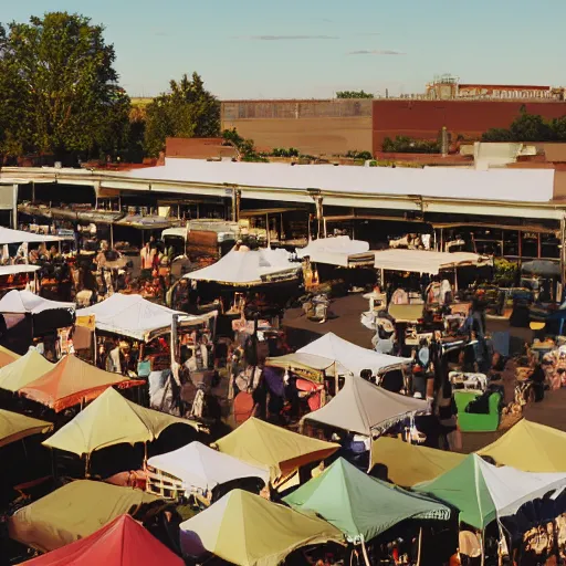 Image similar to film still, establishing shot of bustling farmers market, golden hour, high angle