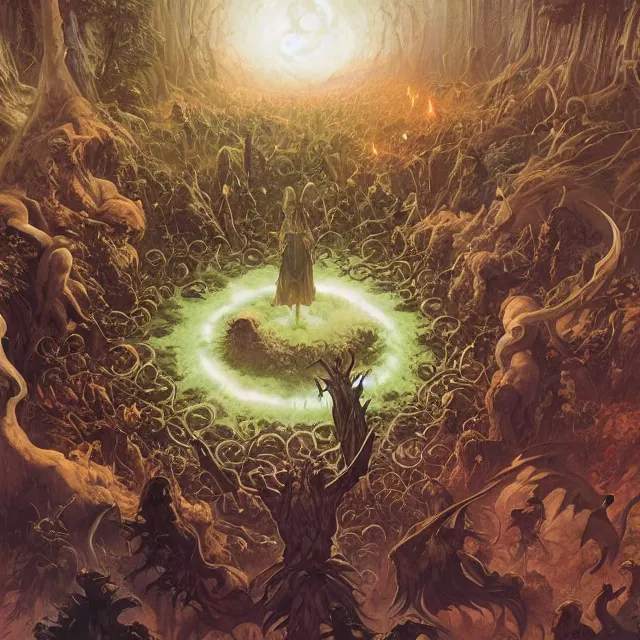 Image similar to a circle of druids conjuring the world into existence by greg rutkowski and frank frazetta and peter mohrbacher and william blake and dan mumford