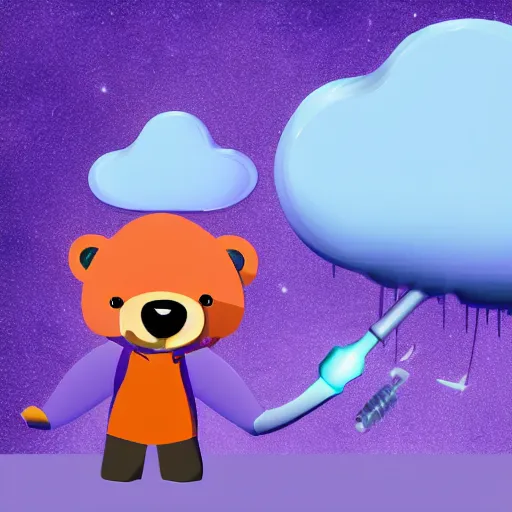 Image similar to cartoon bear wearing clothes being launched out of a futuristic machine into a purple and orange cloud land