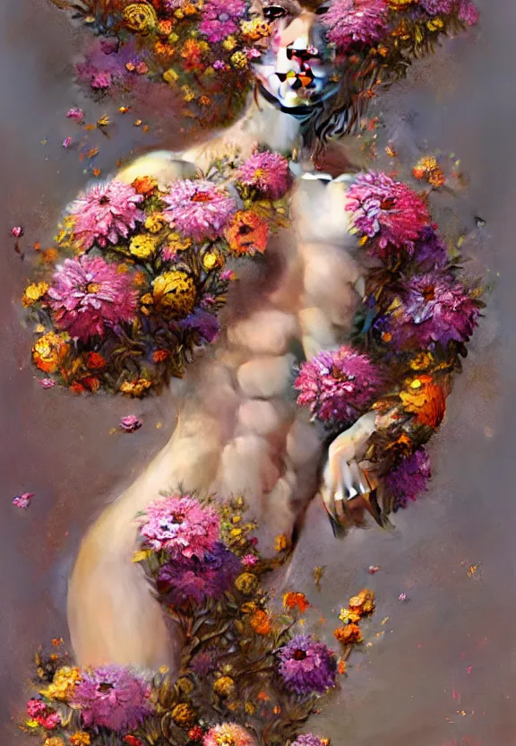 Prompt: anatomy full body made of flowers, very detailed, 8k, maximized, ornate, masterpiece, complex, by Greg rutkowski, Alex Gray, surrounded by smoke
