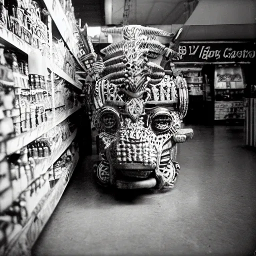 Image similar to low angle vintage photograph of a futuristic mayan jaguar warrior inside a grocery store, shallow depth of field, awkward, out of place, polaroid 6 0 0 color