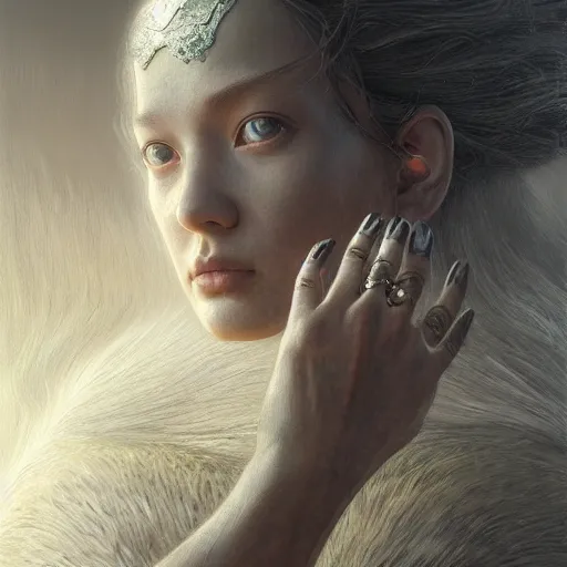 Prompt: a beautiful slay finger, reflective detailed textures, glittering silver ornaments, dark fantasy science fiction painting by diego rivera and jean delville and sam spratt and ruan jia and nicholas roerich and annie swynnerton, dramatic lighting, gleaming silver and soft muted colors, artstation, octane render