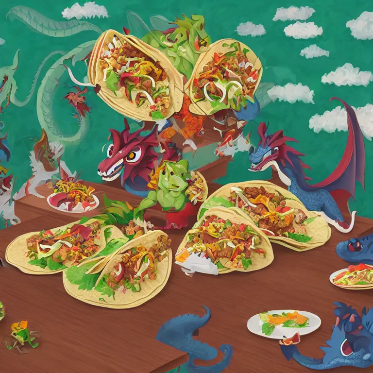 Image similar to dragons eating tacos, childrens book illustration