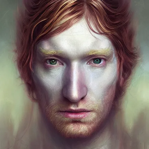 Image similar to closeup portrait shot of domhnall gleeson as puck, robin goodfellow, pooka, fairy wings, highly detailed, digital painting, artstation, concept art, soft focus, depth of field, artgerm, tomasz alen kopera, peter mohrbacher, donato giancola, wlop, boris vallejo