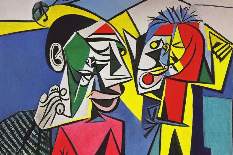 Prompt: a giant sucking up tiny humans with his nose, made by Pablo Picasso