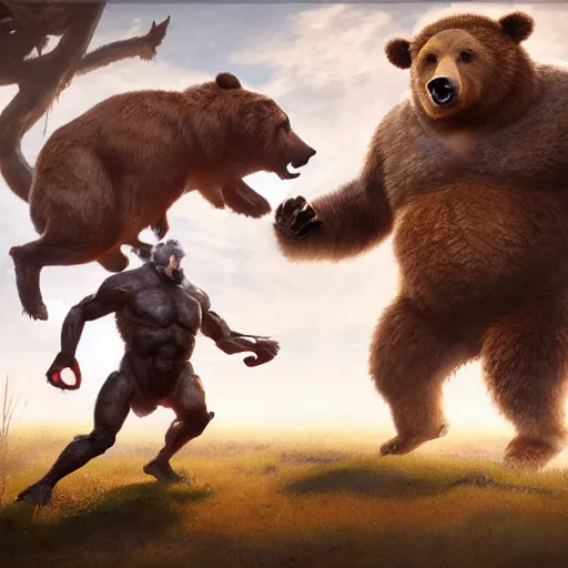 Image similar to anthropomorphic bear fighting an anthropomorphic bull, au naturel, hyper detailed, digital art, trending in artstation, cinematic lighting, studio quality, smooth render, unreal engine 5 rendered, octane rendered, art style by klimt and nixeu and ian sprigger and wlop and krenz cushart.