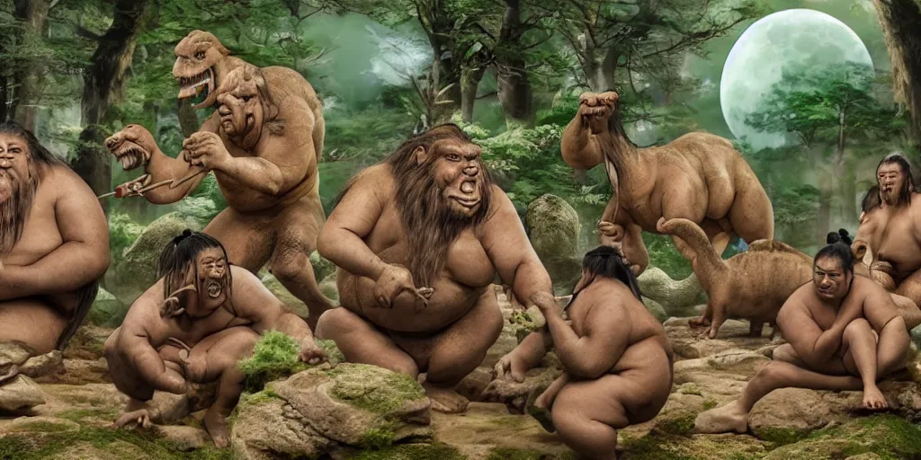 Image similar to photo, neanderthal people, sumo japanese, eating inside mcdonalds, surrounded by dinosaurs!, gigantic forest trees, sitting on rocks, bright moon