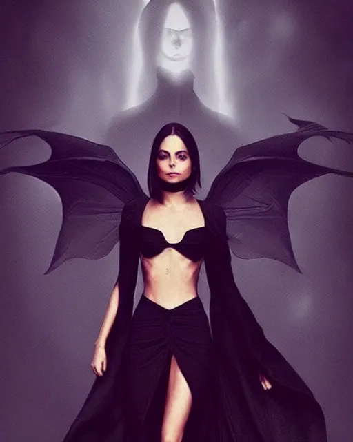 Prompt: style of raphael lacoste : : gorgeous willa holland : : evil witch, swirling black magic, black dress : : symmetrical face, symmetrical eyes : : full body pose : : gorgeous black hair : : magic lighting, low spacial lighting : :