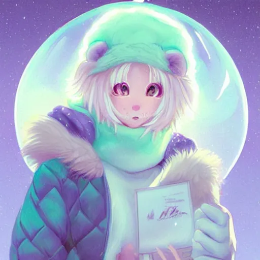 Image similar to aesthetic portrait commission of a albino male furry anthro lion under a lavender bubble filled while wearing a cute mint colored cozy soft pastel winter outfit with pearls on it, winter atmosphere. character design by artgerm, and makoto shinkai, detailed, inked, western comic book art, 2 0 2 0 award winning painting