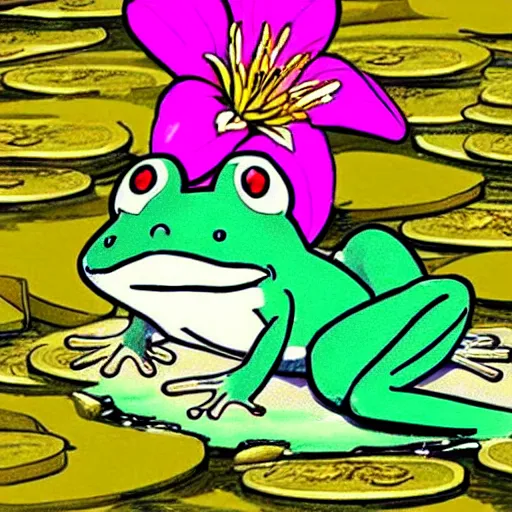 Prompt: a stack of gold coins on a lily pad, a cute kawaii frog is counting the coins, the lily pad is sinking, cute cartoon drawing