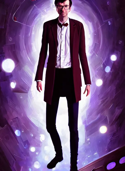 Image similar to portrait of david tennant as the tenth doctor from doctor who wearing a party hat, intricate, elegant, glowing lights, highly detailed, digital painting, artstation, concept art, smooth, sharp focus, illustration, art by wlop, mars ravelo and greg rutkowski