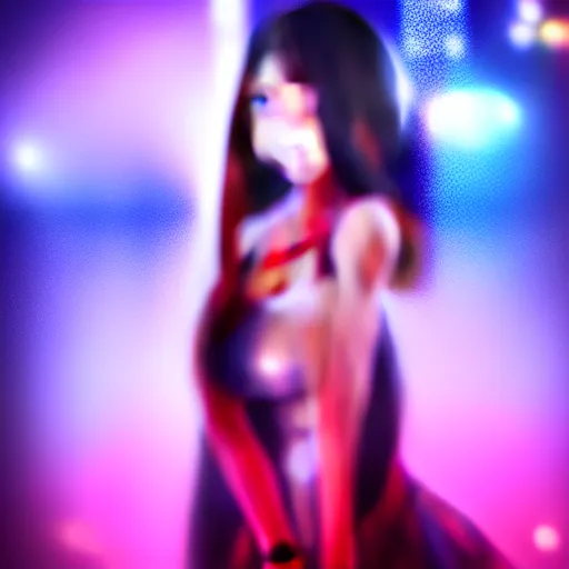 Image similar to a teenage anime android girl wearing a very high intricate detailed dress made out of water standing in a crystal clear lake with a neon lit futuristic city in the background::full body::very long black + red hair::left eye is yellow + right eye is glowing red::heterochromatic eyes::intense stare::cinematic lighting::medium shot::MCU::trending on artstation::CSP + Photoshop::WLOP + Rossdraws + James Jean + Andrei Riabovitchev + Marc Simonetti + Anastasia Ovchinnikova + Véronique Meignaud + BEN MAIER + Sakimichan