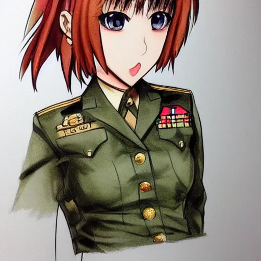 Image similar to beautiful girl, elegant, us army captain uniform, anime girl wearing uniform, sketch, drawing, doodle, hand - drawn