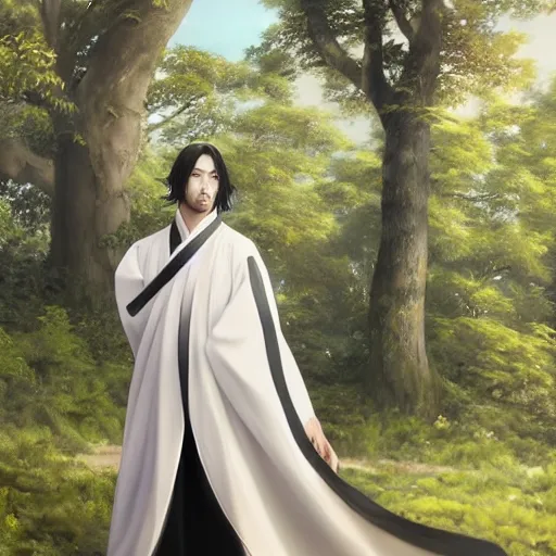 Image similar to a young beautiful prince, golden eyes, long black hair, white hanfu, elegant, intricate, backlit, incredible lighting, strong rim light, subsurface scattering, hyper realistic anime, HDRI, vivid colors, high contrast, unreal engine, cgsociety, octane render, beautiful landscape, cherry trees, highly detailed digital painting, by Heise Jinyao, Heise-Lian Yan Fang, Feimo, Rossdraws, Sakimichan, trending on artstation, 8k