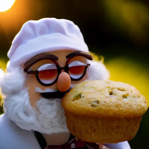 Image similar to real life photo of the Swedish chef from the muffins, portrait, photography, 200mm, lens flare, bokeh