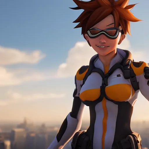 Image similar to tracer, standing on rooftop, 4 k, detailed, smiling at camera, confident stance