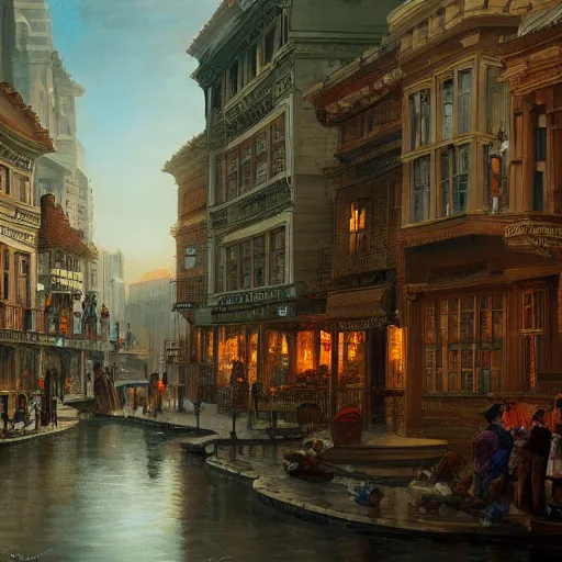 Prompt: beautiful color painting of a cityscape of an 1 8 0 0 s busy city, highly detailed, trending on artstation