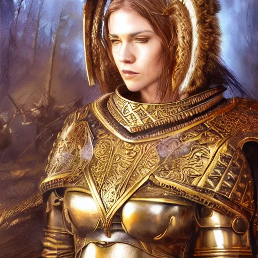 Prompt: Photo of a majestic fierce viking woman, highly detailed, viking attire, gold plated chest plate, armor skirt, cinematic, 8k, 1080s, by Stanley Artgermm, Tom Bagshaw, Greg Rutkowski, Vincent di Fate, Carne Griffiths, Ayami Kojima, trending on DeviantArt, hyper detailed, full of color, digital art,