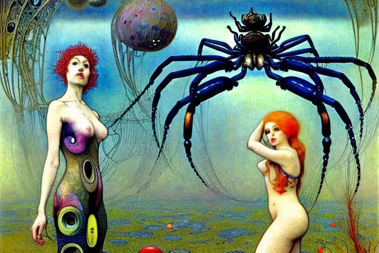 Image similar to realistic extremely detailed portrait painting of a fully dressed woman with a giant spider, futuristic sci-fi landscape on background by John Bauer, Amano, Yves Tanguy, Alphonse Mucha, Ernst Haeckel, Edward Robert Hughes, Roger Dean, rich moody colours, blue eyes