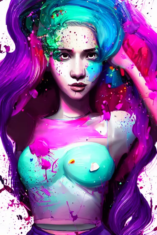 Image similar to a award winning half body porttrait of a beautiful woman in a croptop and cargo pants with ombre purple pink teal hairstyle with head in motion and hair flying, paint splashes, splatter, outrun, vaporware, shaded flat illustration, digital art, trending on artstation, highly detailed, fine detail, intricate